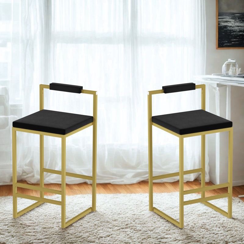 Ensemble de 2 tabourets de bar modernes à hauteur de comptoir en velours avec dossier bas pour îlot de cuisine (or et noir)