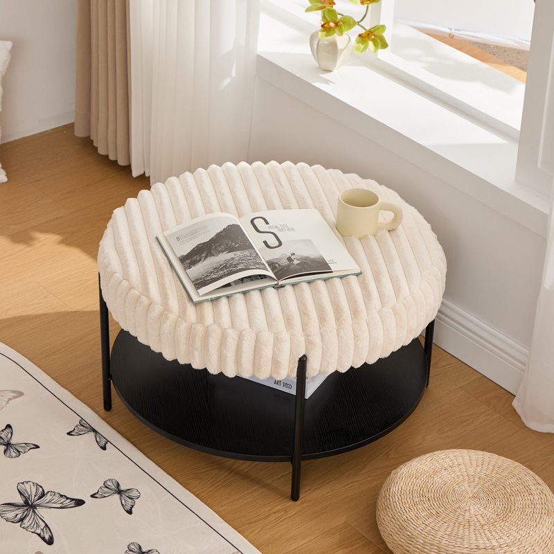 30.9"Wide Faux Fur Upholstered Round Ottoman Coffee Table Foot Rest with Black Metal Legs, Beige
