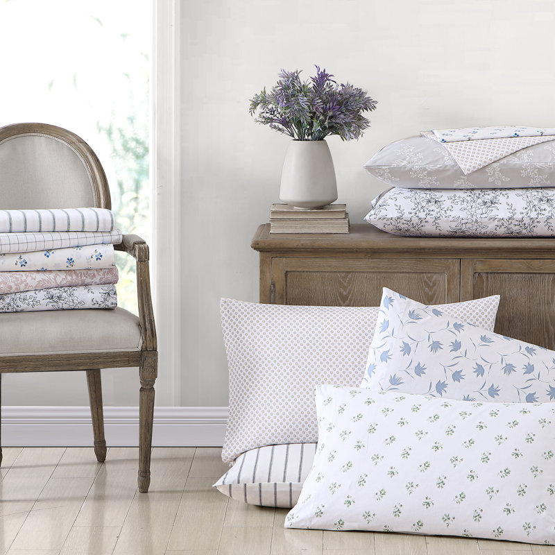 Hawley Floral White Cotton Percale Queen Sheet Set