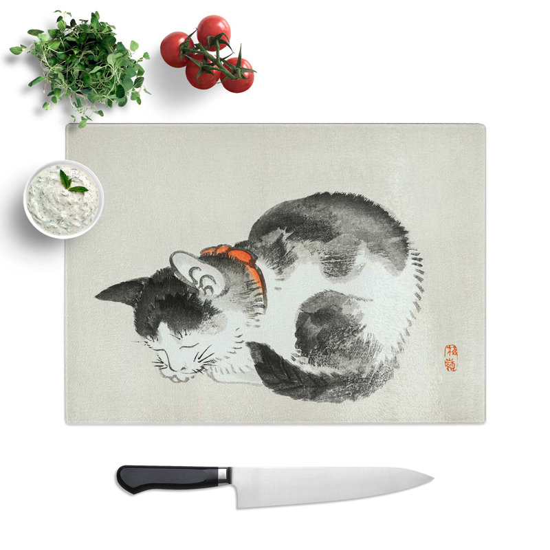 Tempered Glass Sleeping Cat by Kono Bairei Chopping Board, 39 cm W x 28.5 cm L