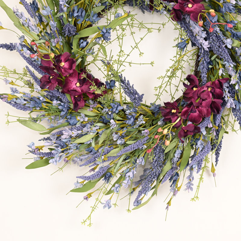 Couronne de fleurs artificielles 22 "en grappe de baies en grappe, Vert/mauve