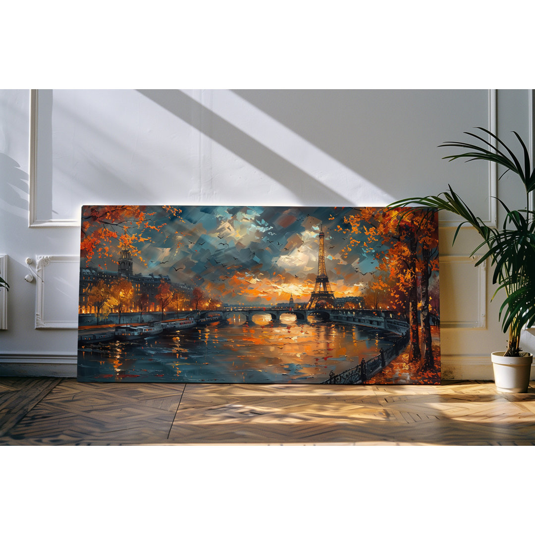 Bilder auf Leinwand 120x60cm Eiffelturm Paris Kanal Kunstvoll Herbst Abendrot