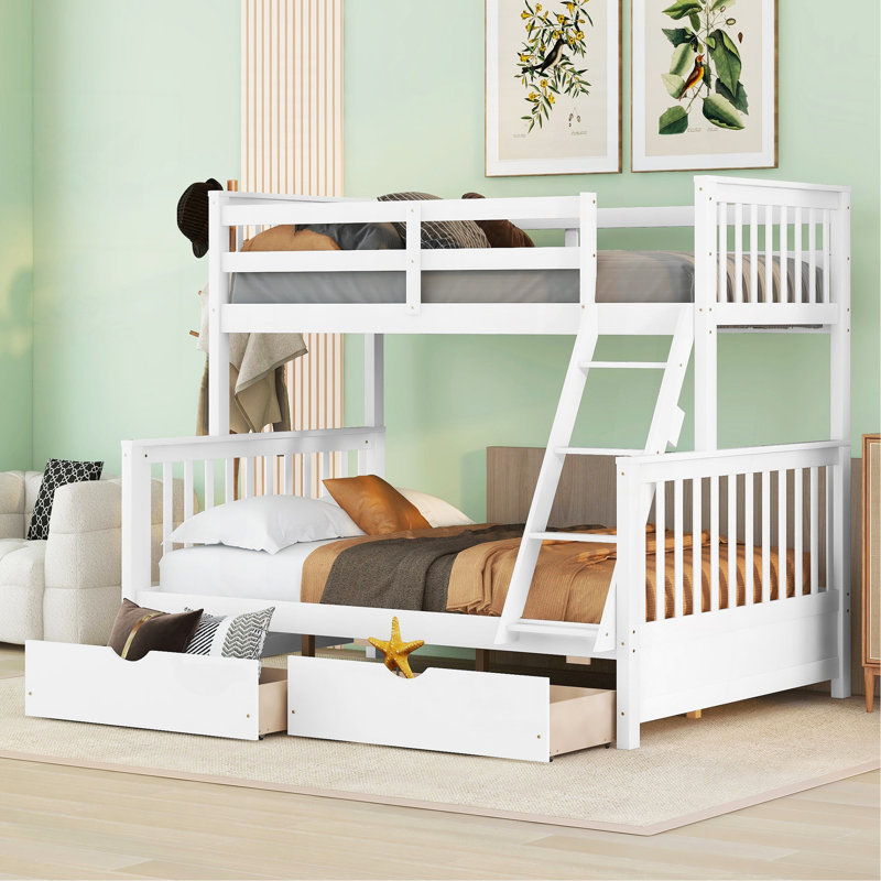 Twin-Over-Full Bunk Bed With Ladders And Two Storage Drawers (White), White