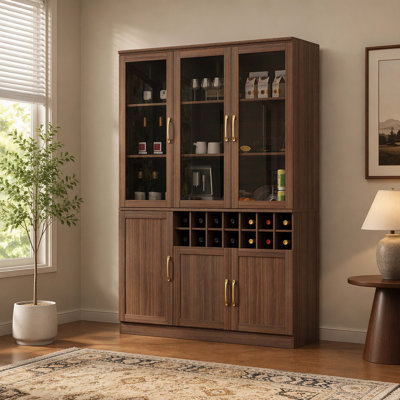 Meuble-bar moderne de 180 cm de haut avec portes vitrées, meuble de rangement pour bouteilles avec casier à vin amovible pour 14 bouteilles et étagères intégrées, buffet à vin grande capacité, noyer
