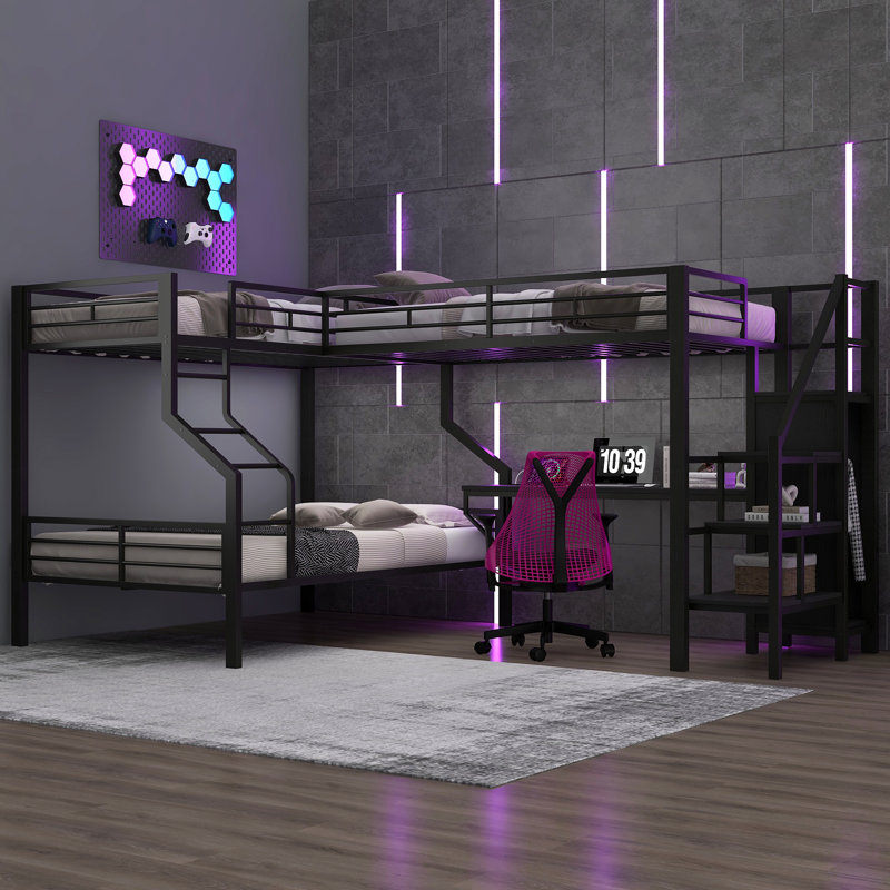 Lit superposé simple au-dessus d'un lit double en L avec lit mezzanine, garde-robe intégrée, bureau, ports USB, rangement compact, noir
