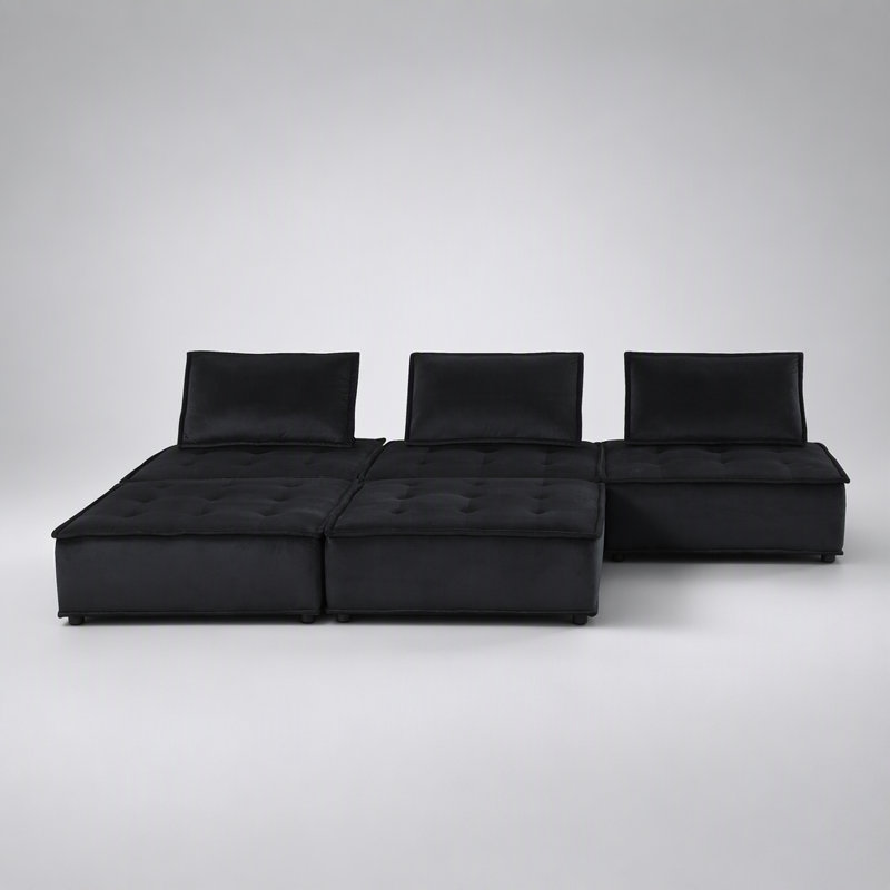 Canapé modulaire en velours noir avec repose-pieds 120 po 5 pièces