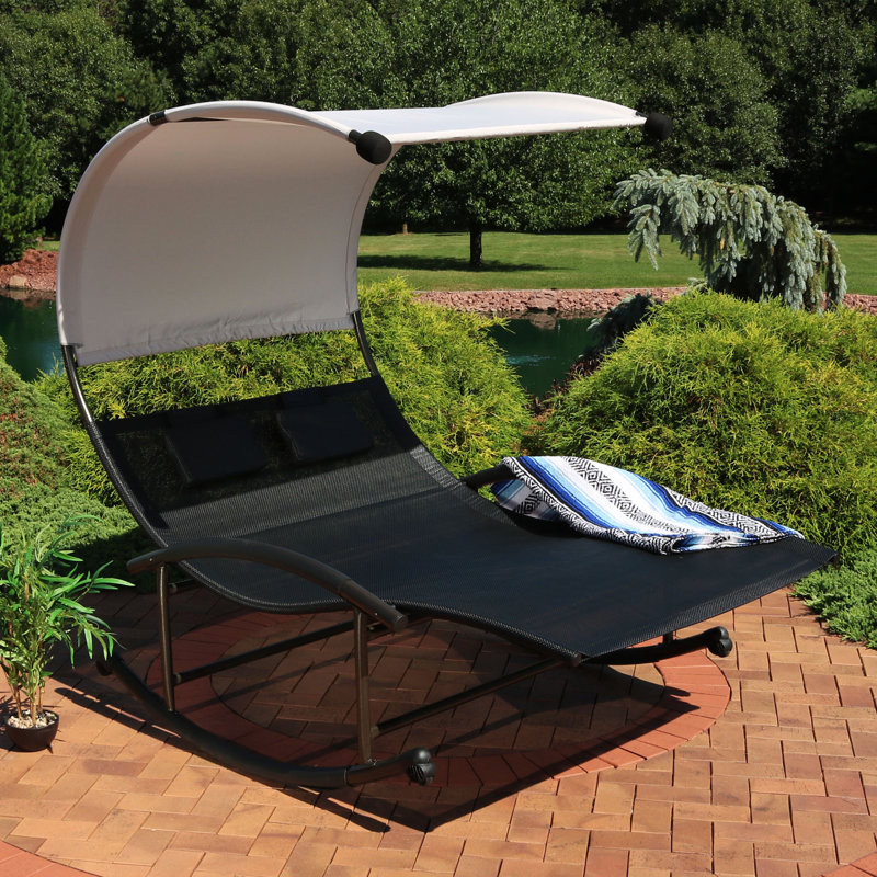 Chatteris Rust-Resistant Steel Outdoor Double Rocking Chaise Lounge with Canopy Shade