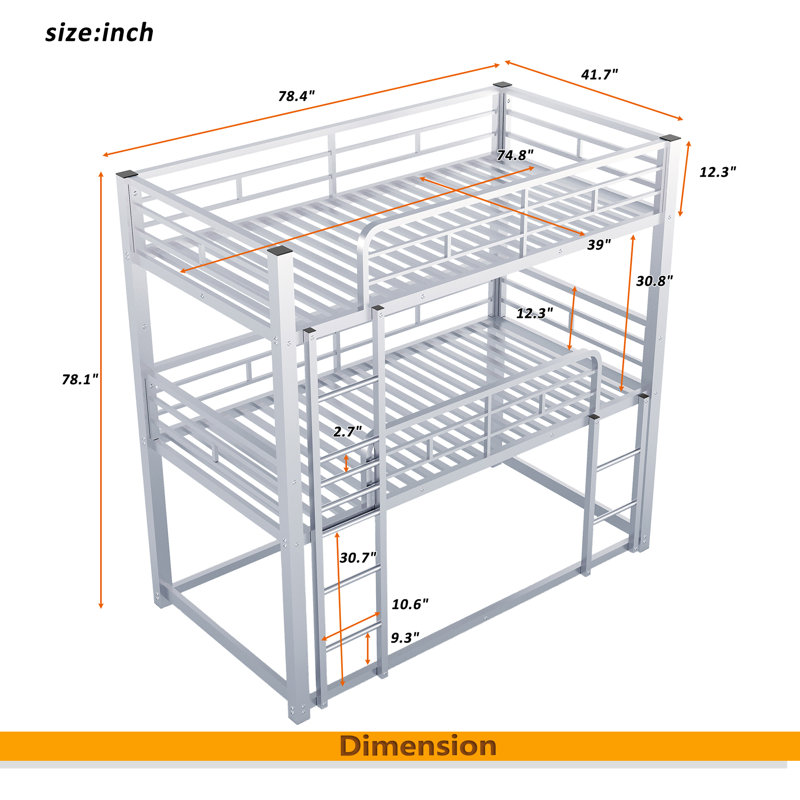 Metal Twin Size Triple Bunk Bed, Silver