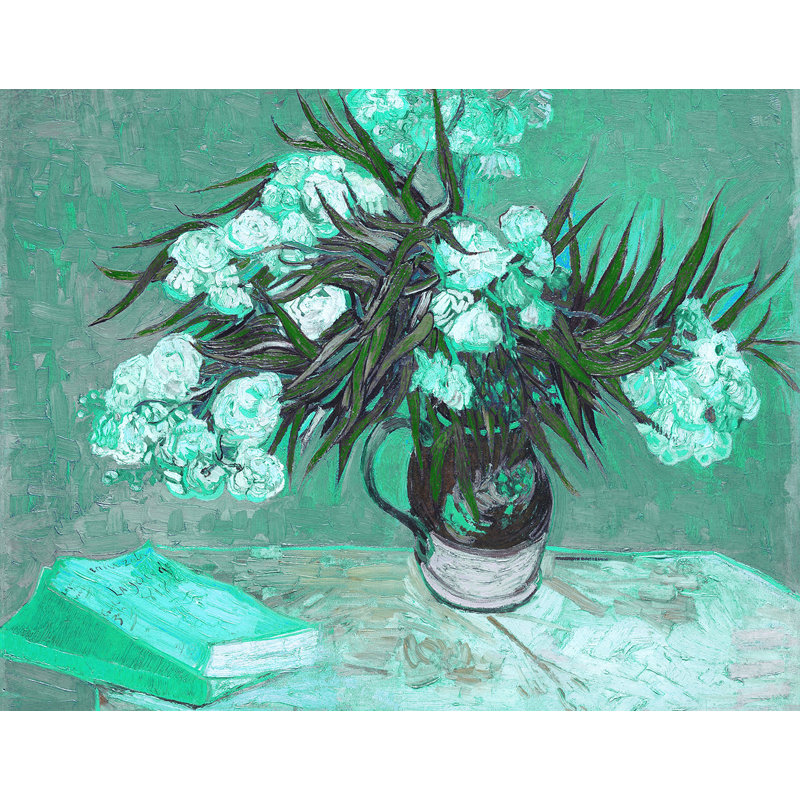 Adhésif décoratif "vase" avec oleanders et livres gogh van, H 14 po x l 18 po, Bleu sarcelle