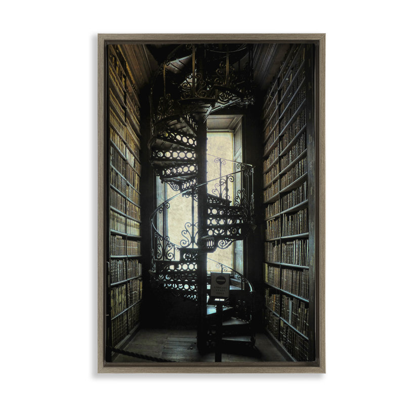  Toile flottante rétro avec bibliothèque et escaliers en spirale par Graffi * Tee, H 25 po x l 17 po