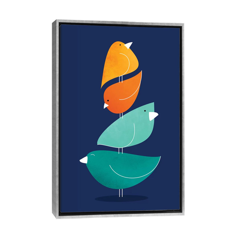 «Bird Stack I» par Modern Tropical - impression d'art graphique, H 60 po x l 40po x P 1,5 po, Toile avec cadre argenté