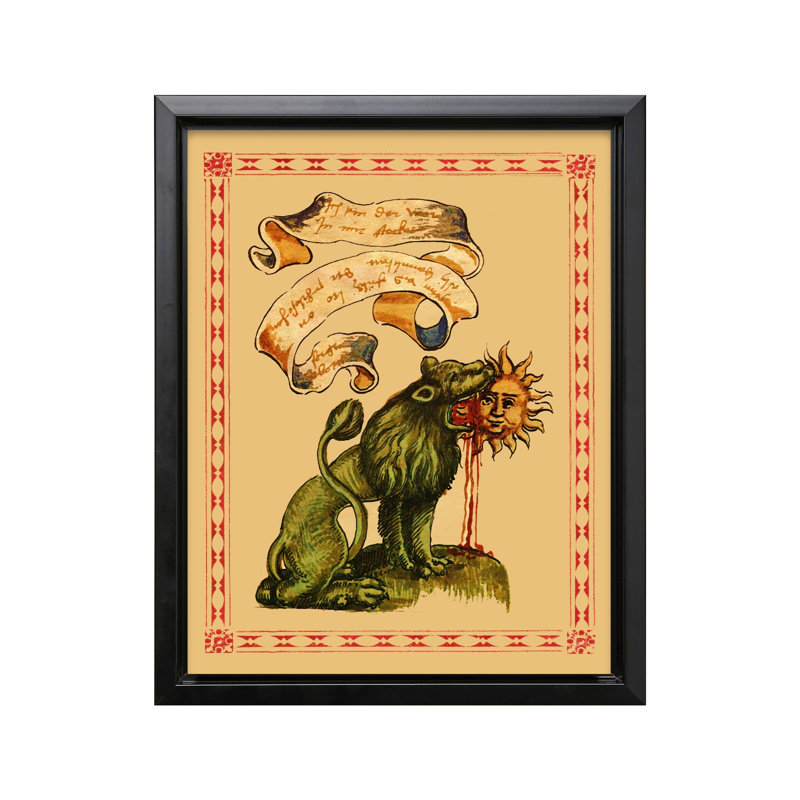 Lion vert dévorant le soleil, H 16 po x l 20 po, Canevas, Cadre noir