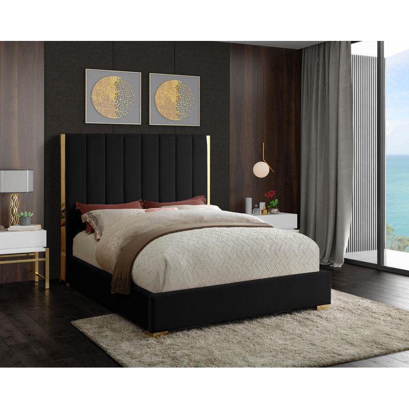 Aeliana Upholstered Panel Bed, Black Velvet, King