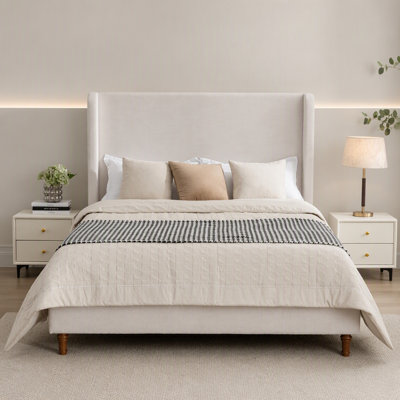 Lit plateforme capitonné avec tête de lit haute King Size, toile texturée ivoire de 137 cm de haut, cadre de lit capitonné moderne