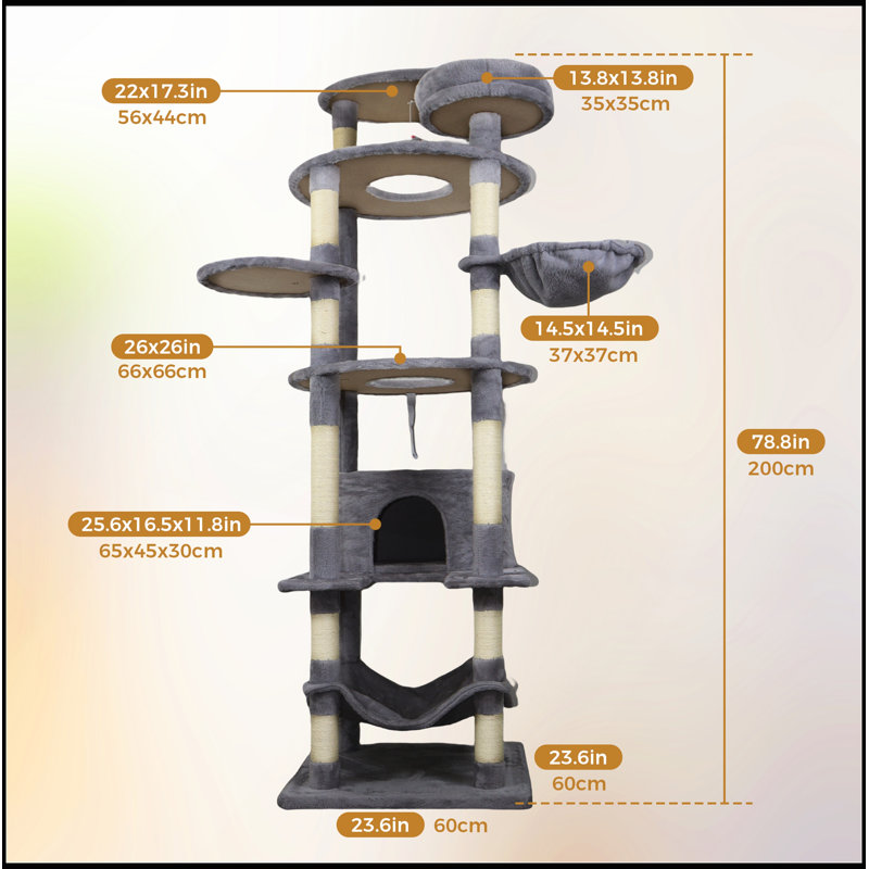 Tour pour arbre à chat 78,8 po gris foncé avec base large, grand condo et plusieurs poteaux à griffer en sisal pour le divertissement félin et le confort