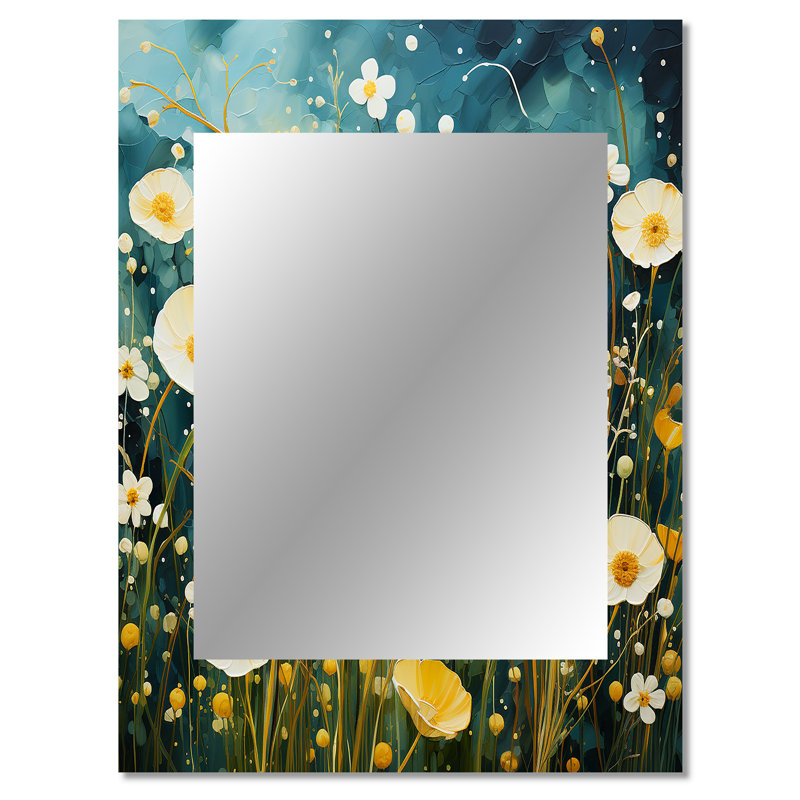 Bleu sarcelle blanc Buttercups Buttercup Meadow - miroir décoratif Buttercups, miroir mural traditionnel, impression d'art en métal