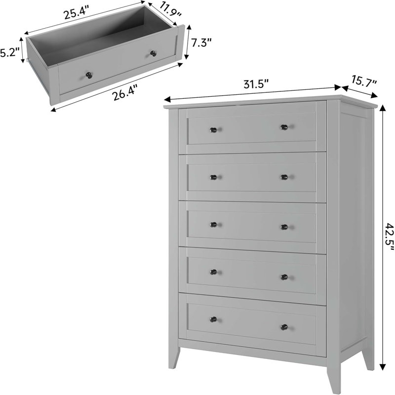 5-Drawer Tall Wooden Dresser with Deep Drawers, ‎Gray/Black