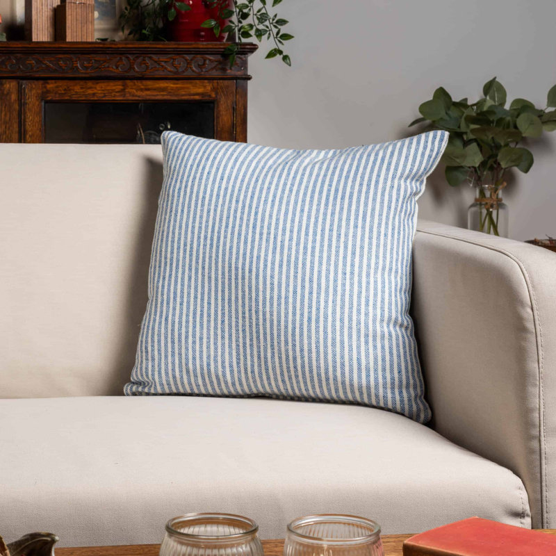 Woven Ticking Stripe Cushion in Soft Blue, 43x43cm, Cover only