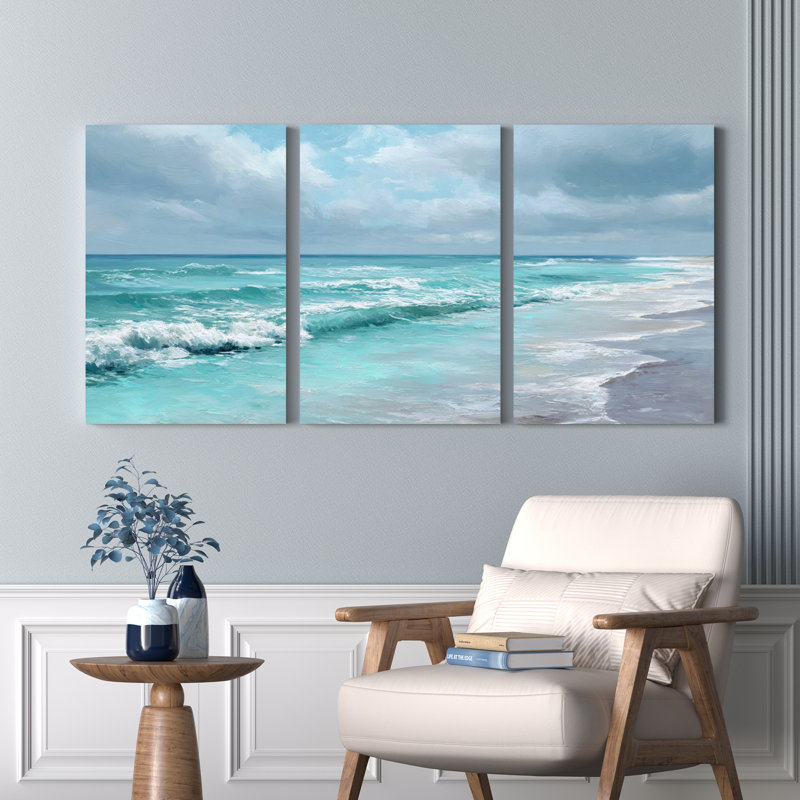 Ensemble de 3 toiles murales représentant une scène de plage avec des vagues océaniques, H 24 po x l 48 po