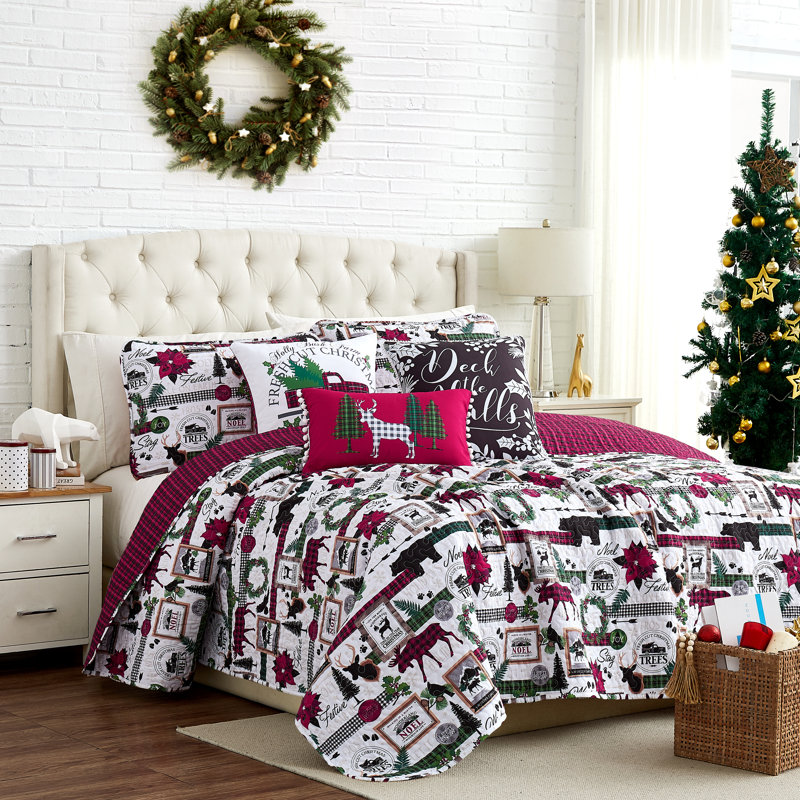 Ensemble de courtepointe réversible en microfibre rouge / blanc Merry Town, Courtepointe très grand + 3 coussins standards