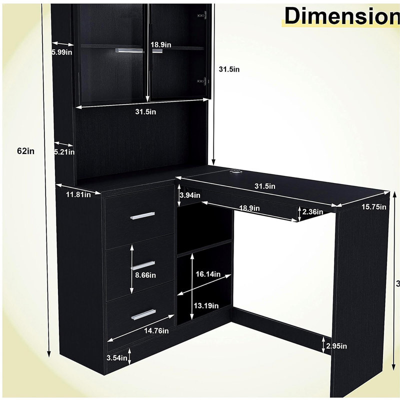 Bureau d'ordinateur avec armoires en verre et lumières DEL intégrées, bureau de coin en L avec ports de chargement USB, plateau à clavier, conception ergonomique pour les espaces de travail à domicile et en entreprise (noir)