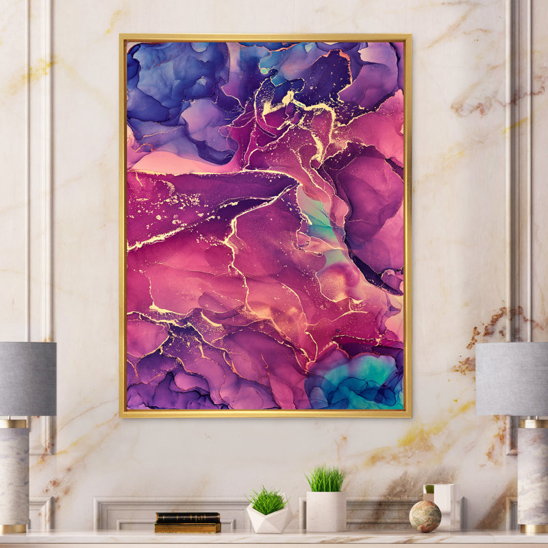 Art bleu et bourgogne liquide - peinture sur toile, Toile à cadre flottant doré, H 20 po x l 12 po