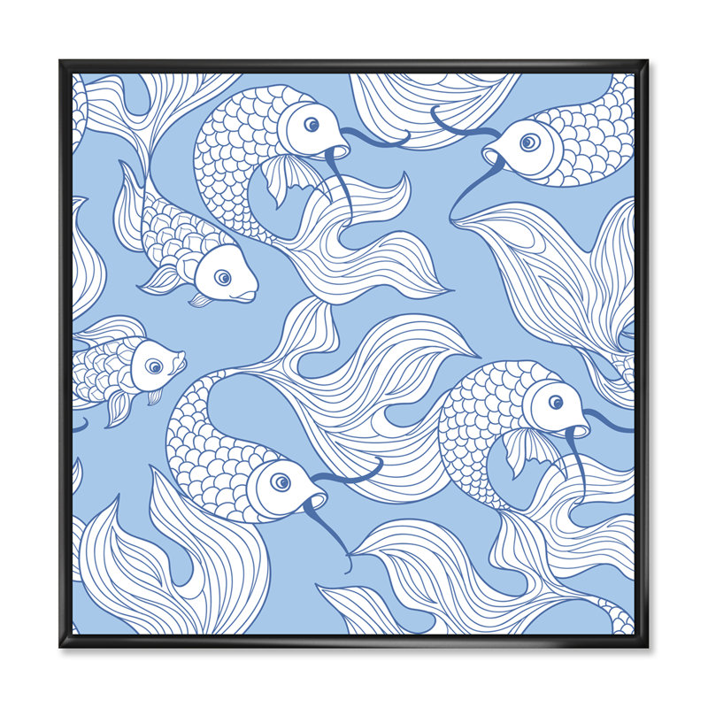 «White Abstract Fish on Blue», reproduction sur toile flottante, H 36 po x l 36 po, Noir