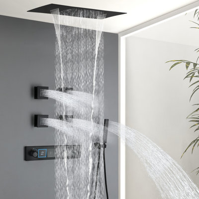 bojet Thermostatic Shower System with Digital Temperature Display 4-Function Push-Button Rain Shower Combo with Body Jet Wall Mounted Bathroom Faucet Set