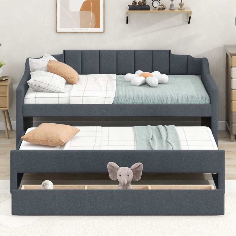 Twin Size Upholstered Daybed With Trundle And Three Drawers, Guest Bed, Gray