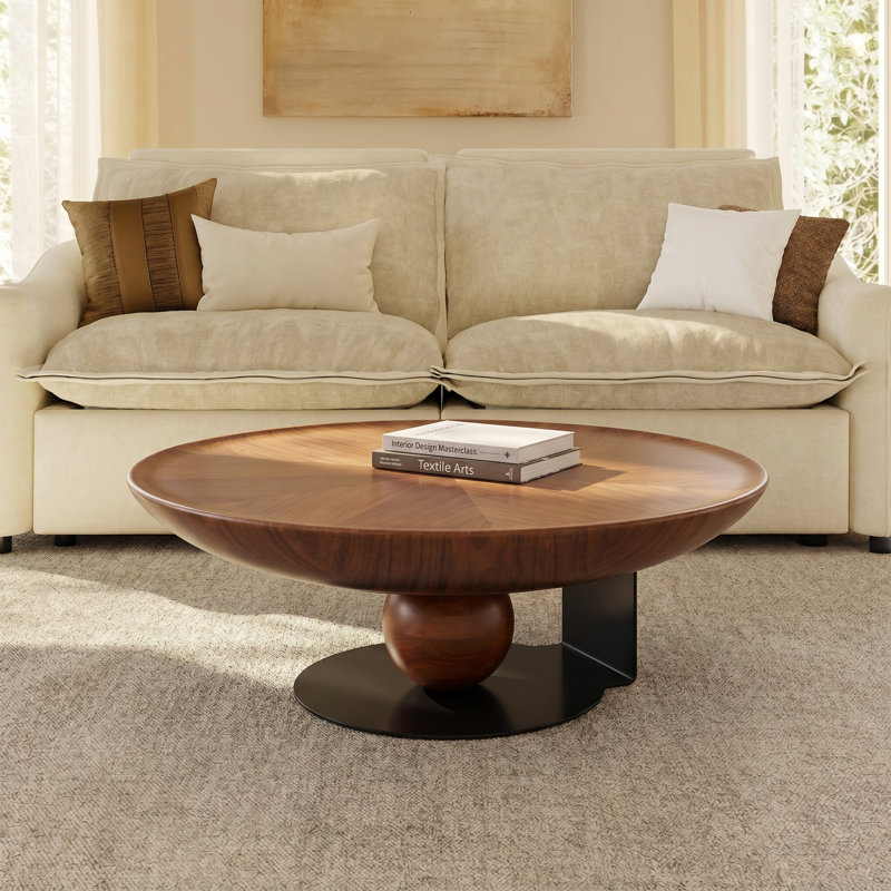 Table basse ronde moderne de 40 po avec placage en bois Radial, table en forme de soucoupe et base sculpturale