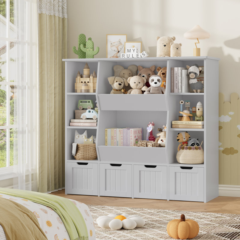 49'' H X 46.5'' W Furniture Cube Bookcase, With 4 Removable Drawers, Wood Storage Standard Bookshelves, Gray