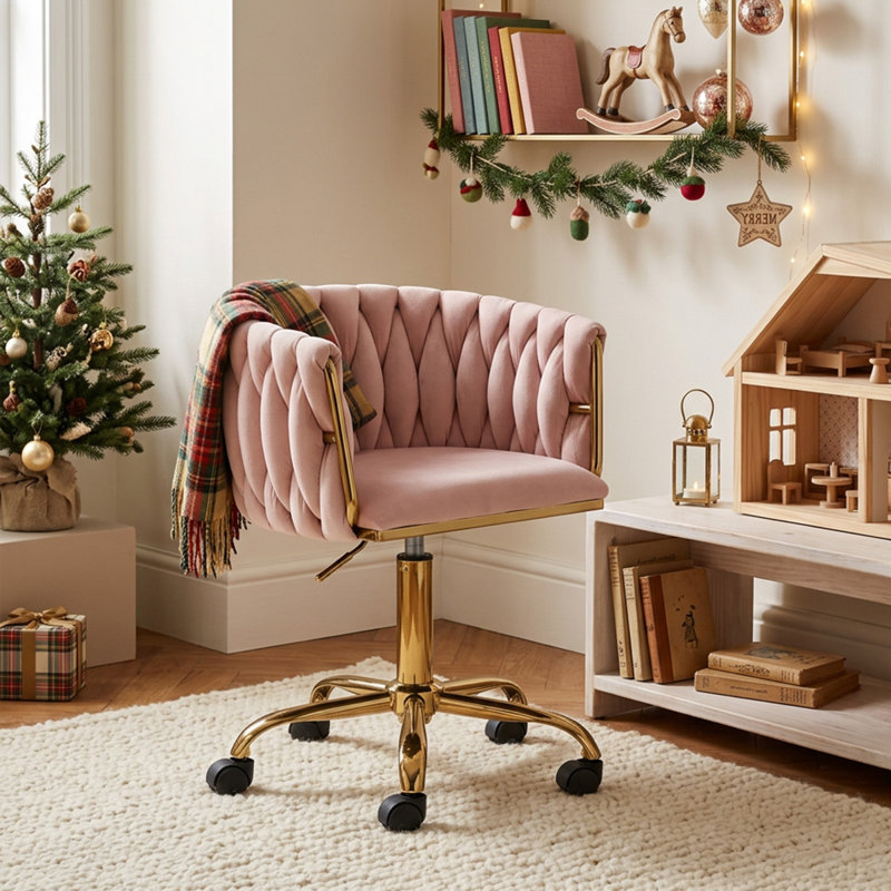 Swivel Kids Desk Chair Upholstered Study Chair For Teenagers, Cute Adjustable Reading Chair With White Legs For Reading Room Bedroom School