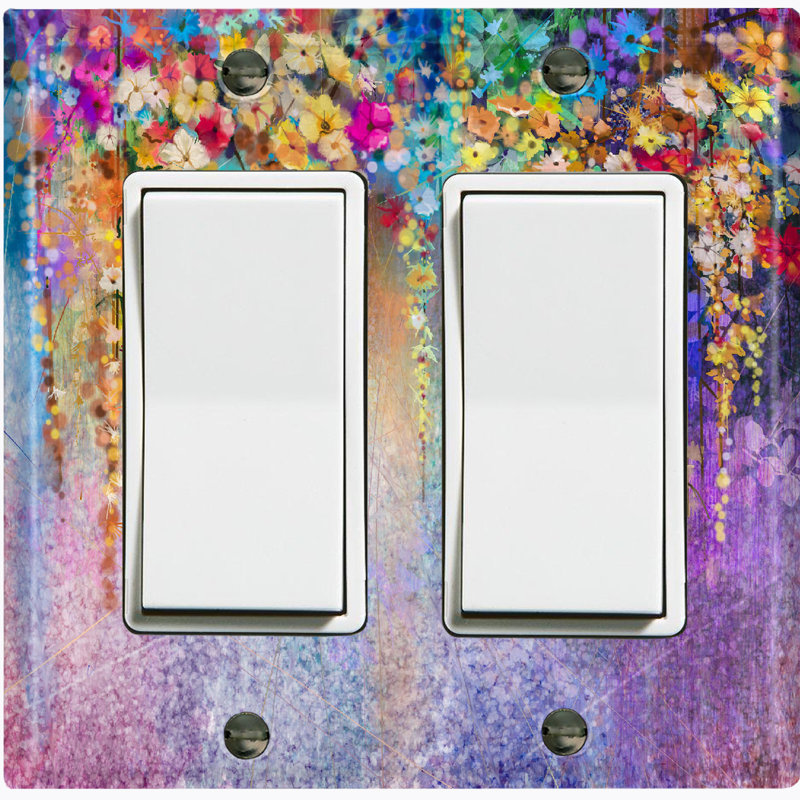 Metal Light Switch Plate Outlet Cover (Colorful Flowers Purple - Double Rocker)