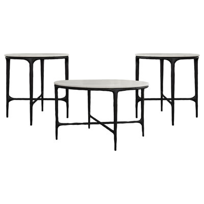 Cintron 3-Piece Round Marble-Top Coffee Table Set with 2 End Tables and Iron Bases, White and Black