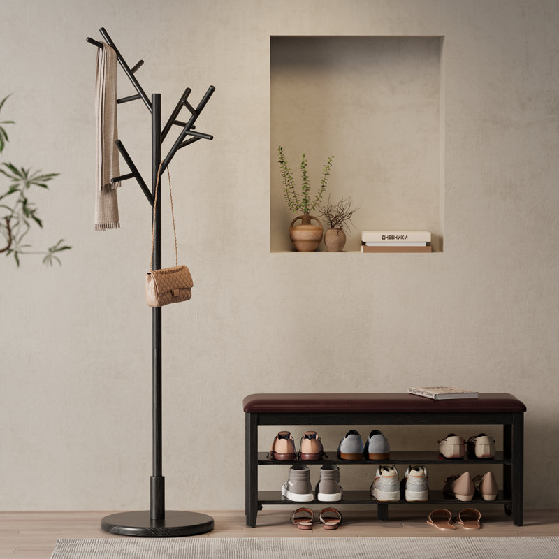Solid Wood Coat Rack Tree Shaped with 12 Hooks 3 Adjustable Heights Tool Free Assembly, Black