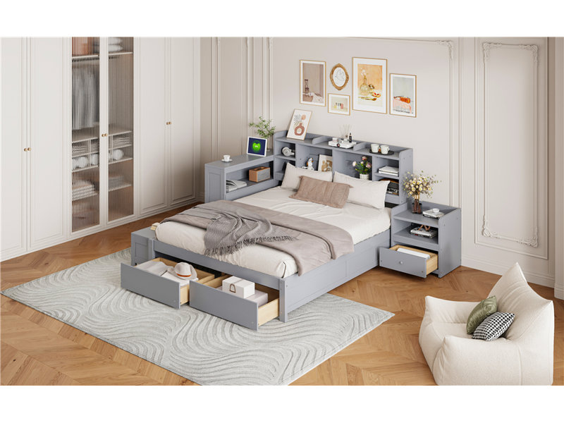 Wooden platform bed with Multi-functional Storage Space, Gray