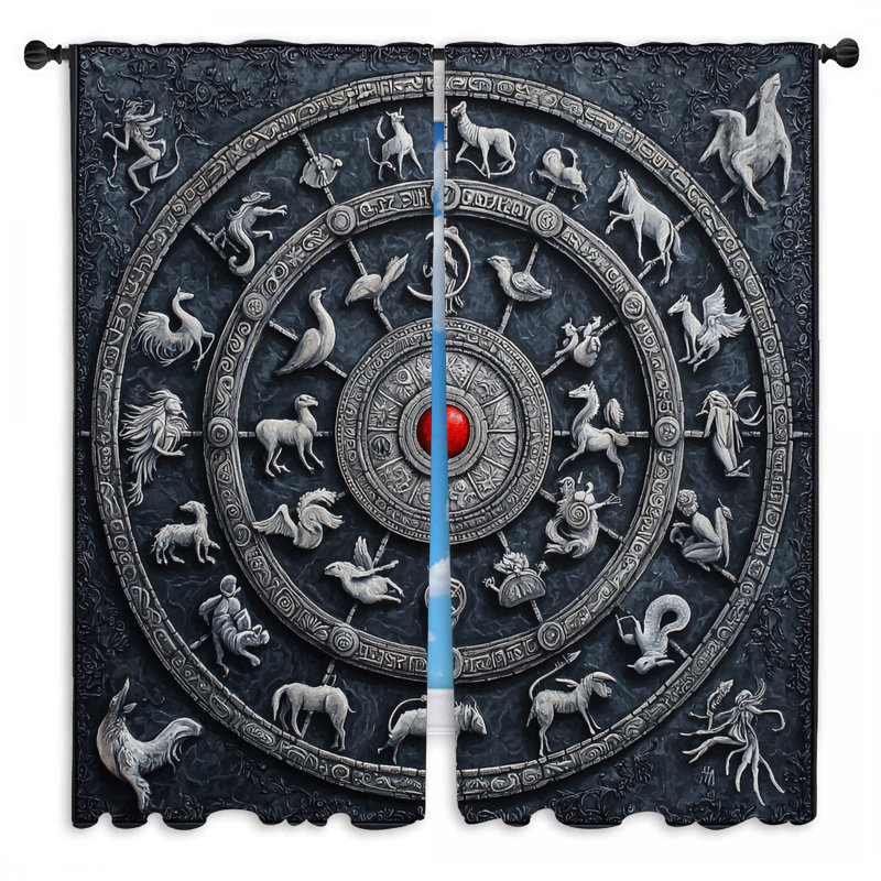 Rideaux de fenêtre Zodiac drapeaux symboliques gothiques - 2 panneaux, L 20 po x L 52 po