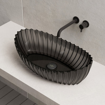 MonBlari 24" X 14" Ingot Fluted Resin Bathroom Vessel Sink Black