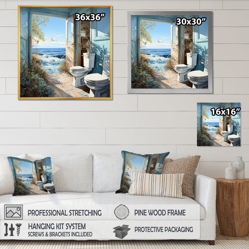 «Oceanic Escape Toilette Pointillism» - Imprimé, H 36 po x l 36 po x P 1,5 po, Cadre naturel flottant