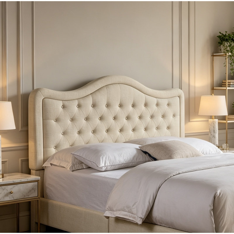 Tête de lit tapissier moderne en lin avec capitonnage à boutons, cadre de lit à hauteur réglable, Beige, Queen