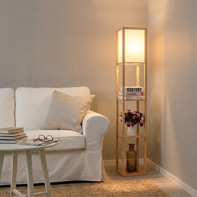 Modern floor-standing storage lamp with lampshade and warm white LED bulb, corner display floor lamp with storage shelf, suitable for living room, bedroom, bedside table, office, home decoration and storage - natural wood color