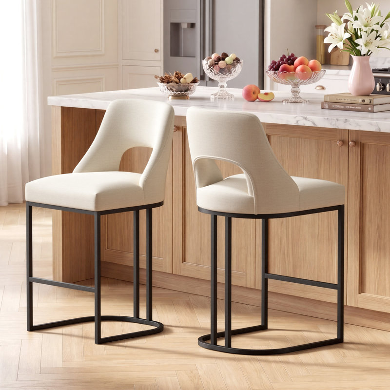  Tabouret de bar moderne à hauteur de comptoir avec structure en métal 26,7 po Alassane, Ivory / Black