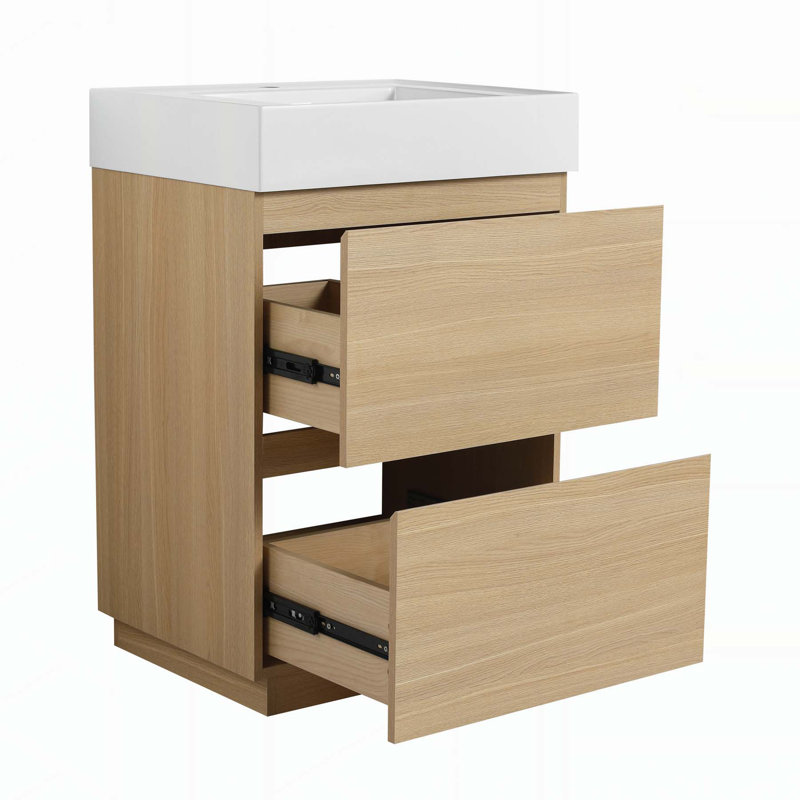 Meuble-lavabo moderne avec tiroir double et lavabo encastré, idéal pour les salles de bain élégantes, Chêne