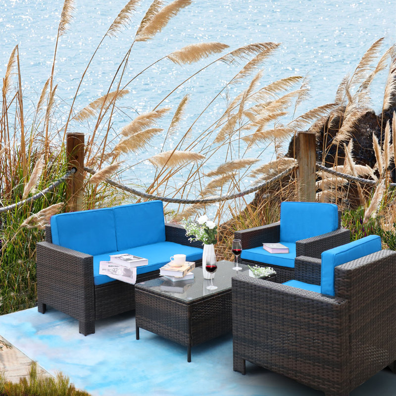 Finnmark 4 - Person Patio Conversation Set with Cushions, Brown, Blue