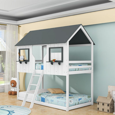 Lit superposé simple au-dessus de simple avec toit et échelle pour enfants