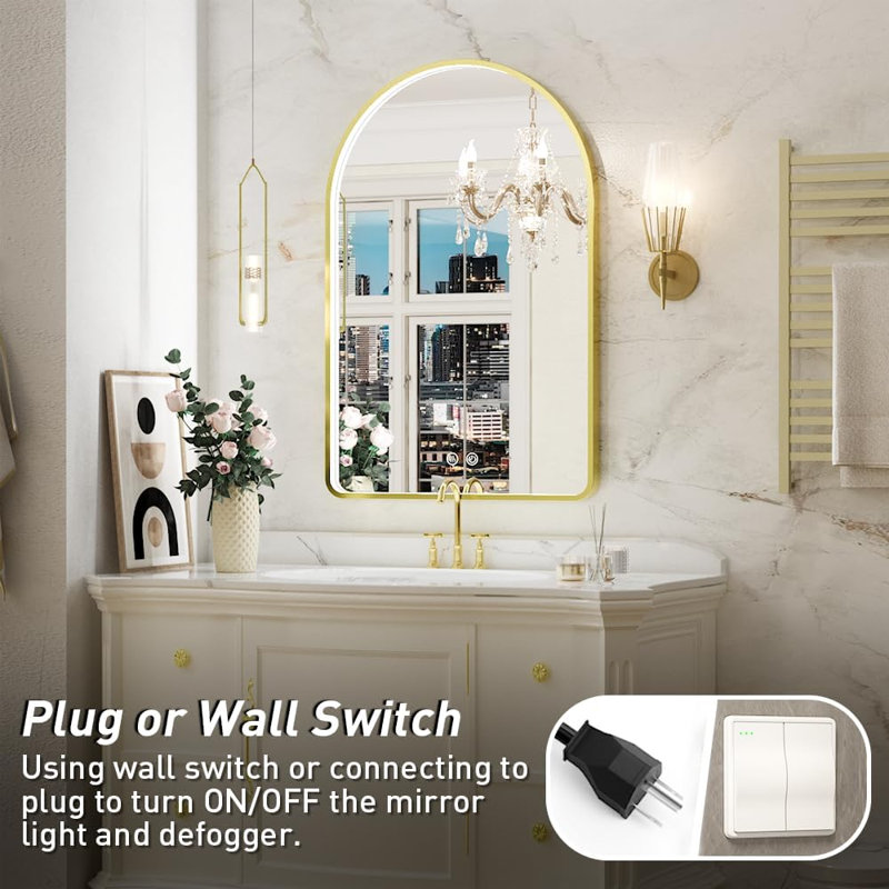 Miroir arqué 20 x 30 pouces à DEL pour salle de bain, 3 couleurs