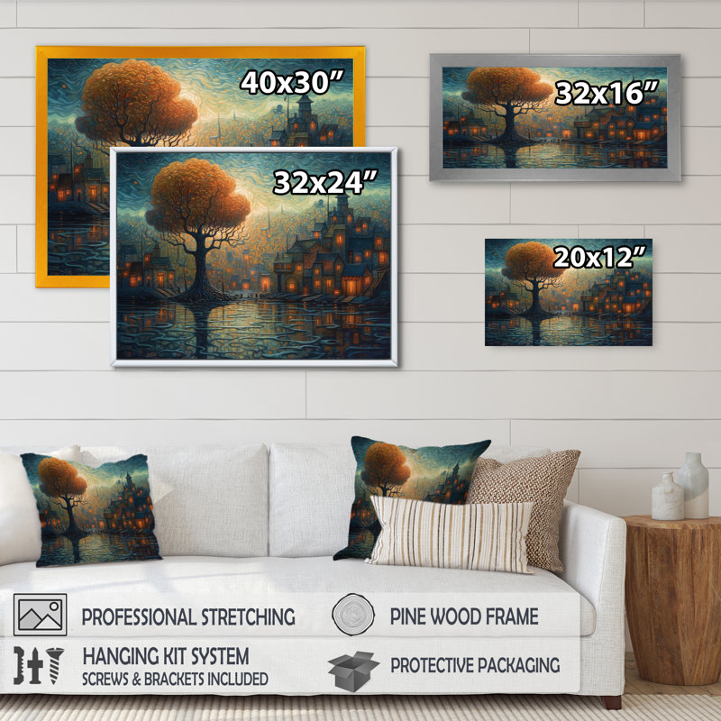 Rontavia " Blue And Orange Electrifying Skylines II ", 16" H x 32" W x 1" D, Wrapped Canvas