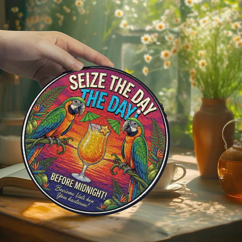 Panneau de vitrail Seize The Day Before Midnight, 6,3 x 6,3 po (16 x 16 cm)