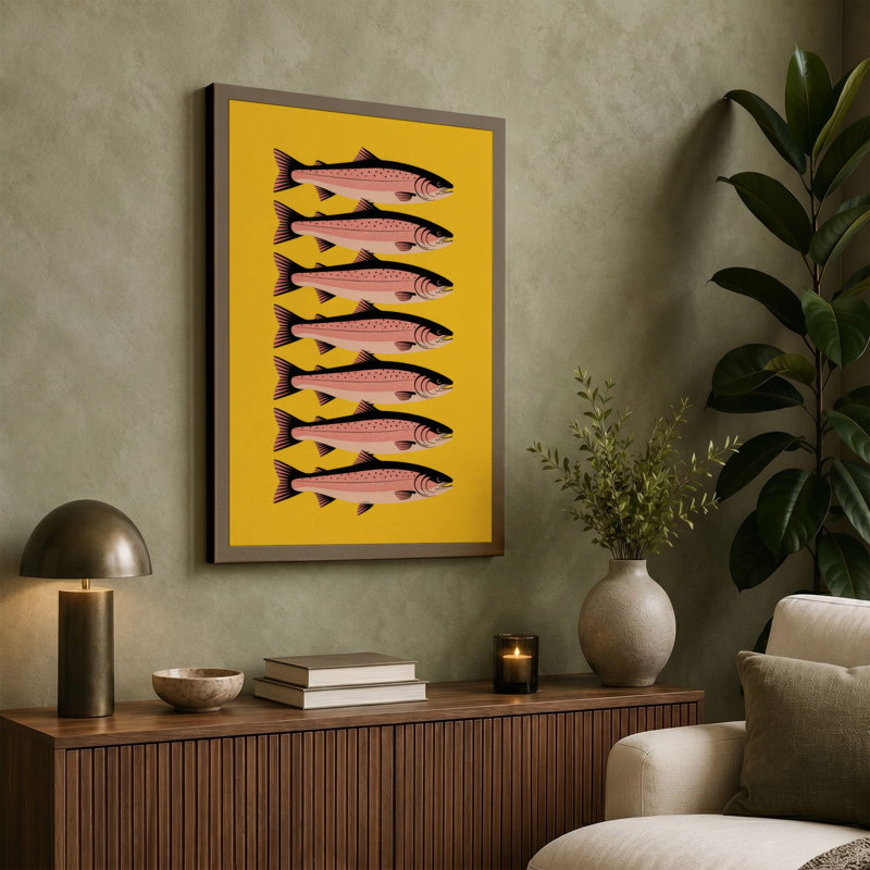 Six Fish Pattern Modern - Wrapped Canvas, 18x12 - 45.7 x 30.5 cm, Terracotta Border