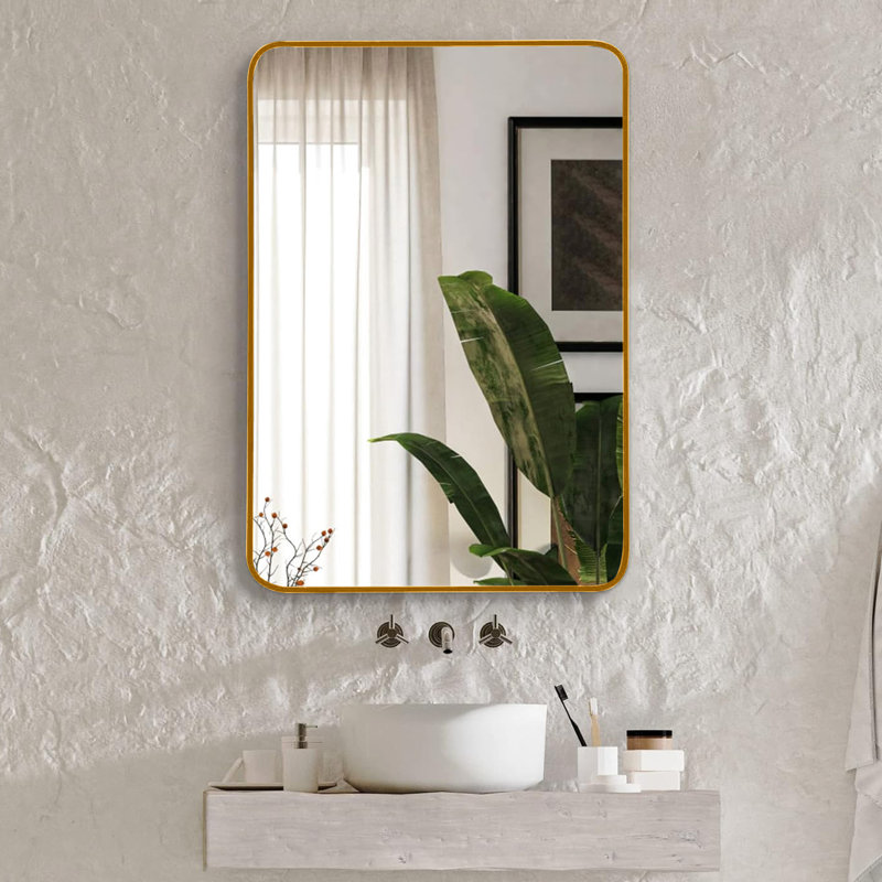 Miroir mural 22x30 pouces rectangulaire en or pour les espaces de salle de bain contemporains - Alliage d'aluminium, conception incassable sans cadre en verre et métal, manuel d'installation